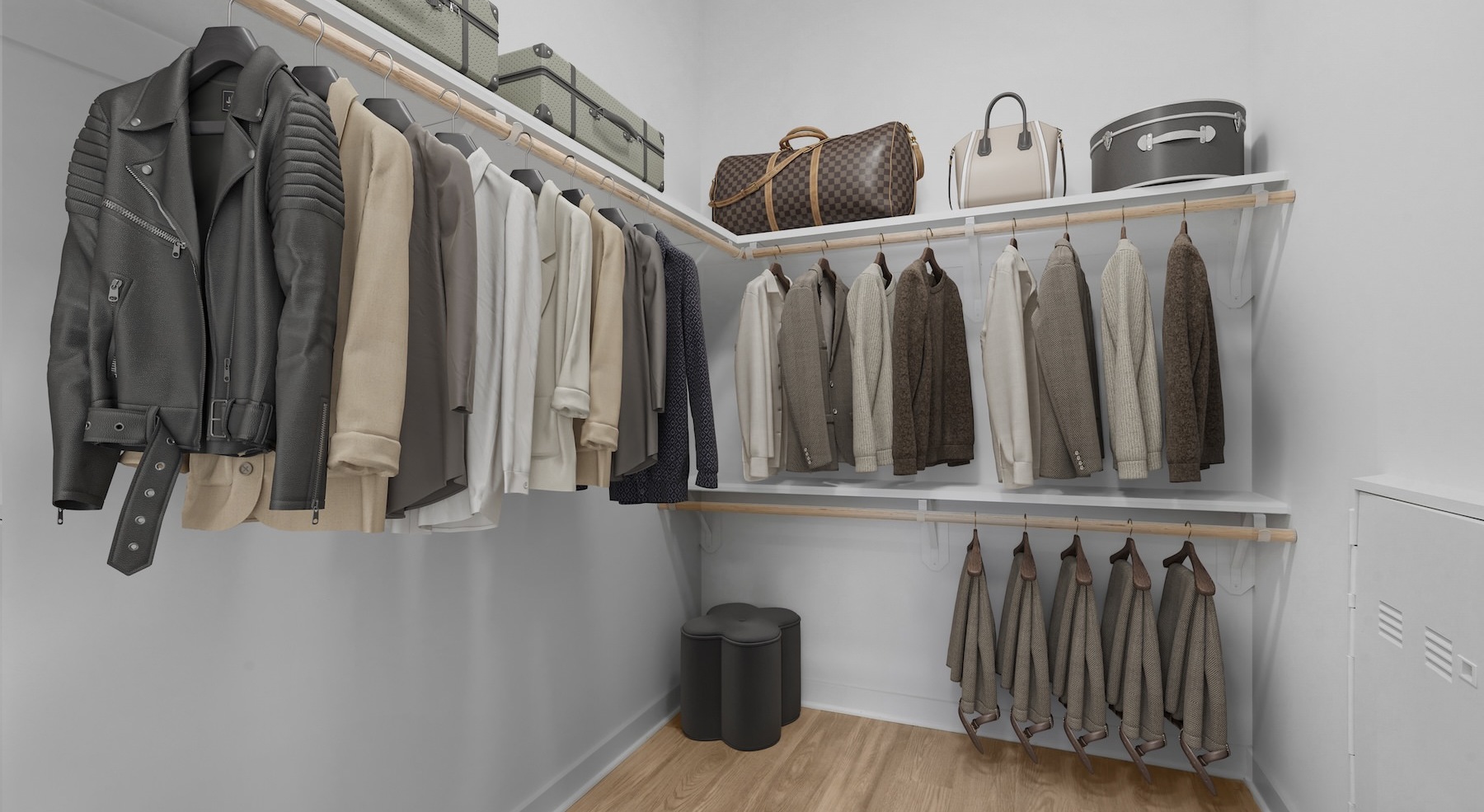 a closet with clothes