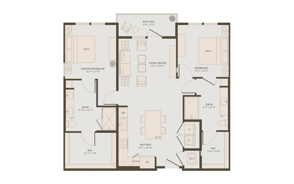 B1 - 2 bedroom floorplan layout with 2 bathrooms and 1150 square feet (2D)
