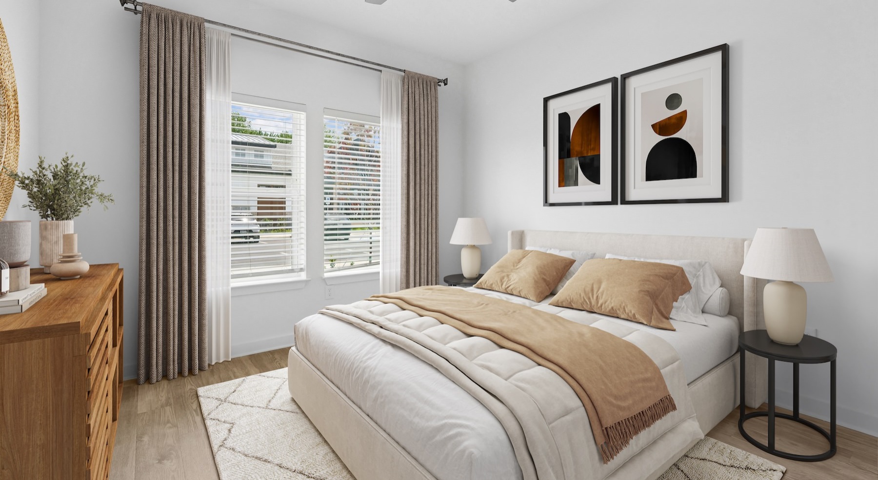a bedroom with a bed and two nightstands