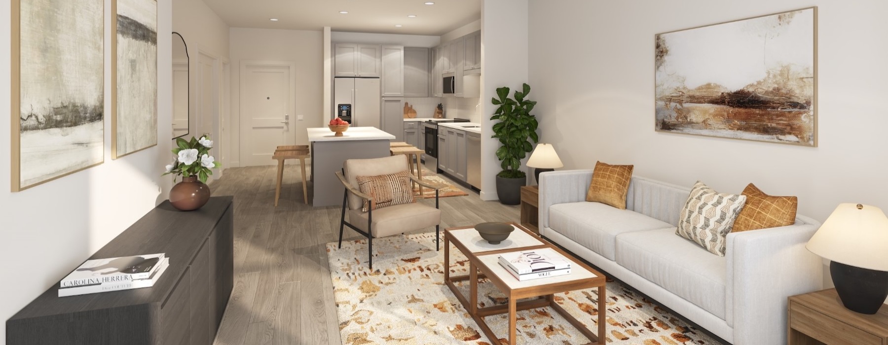 a living room with a couch and a coffee table